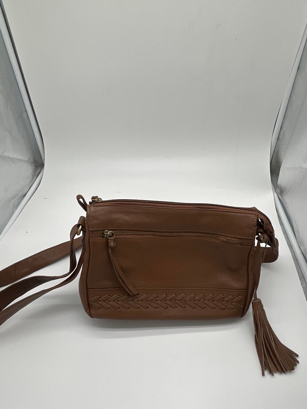 Great American Leather Works Brown Genuine Leather Crossbody Bag Tassel Woven